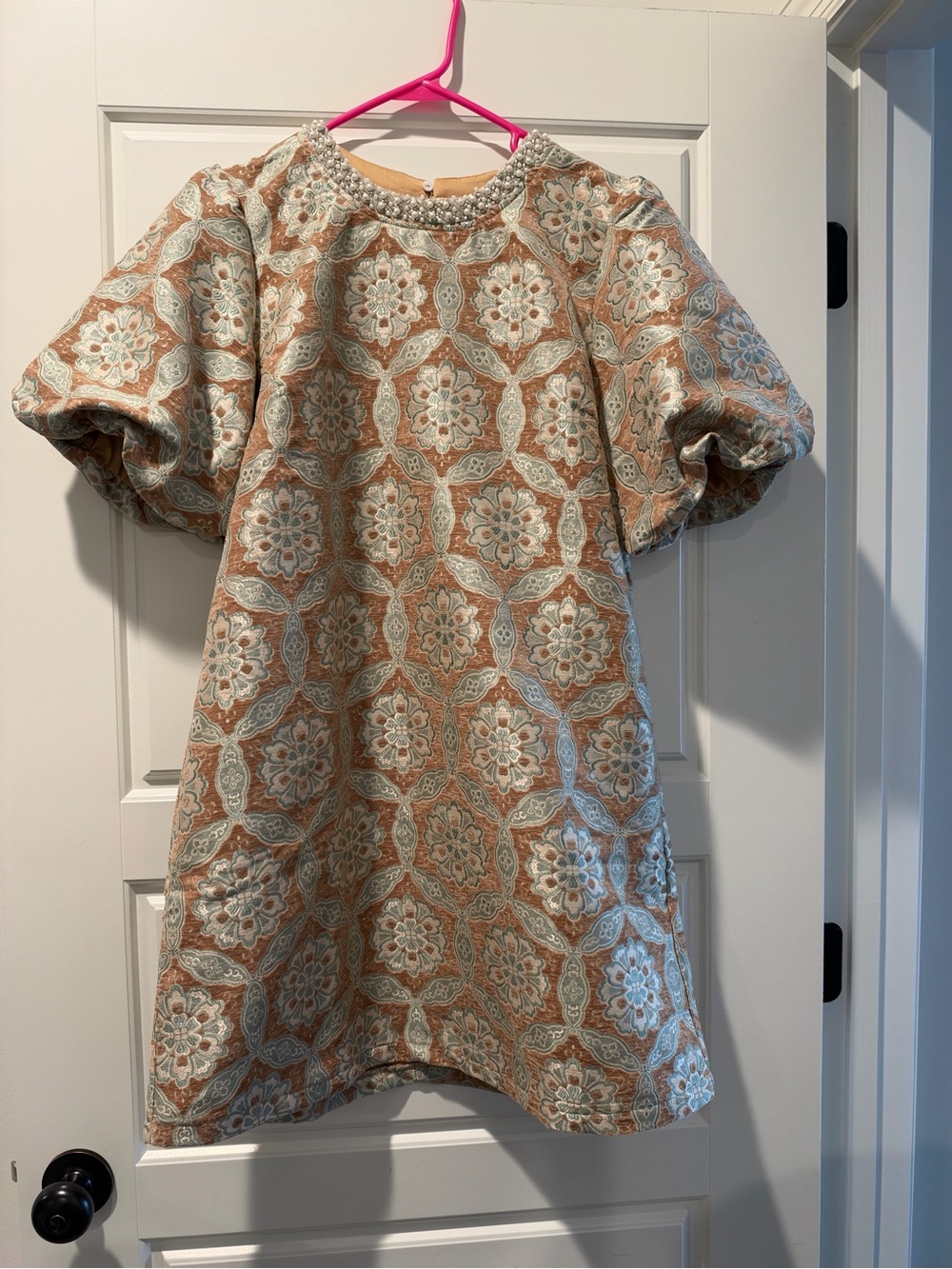 Pearl-Trim Jacquard Puff Sleeve Dress in Beige and Light Blue